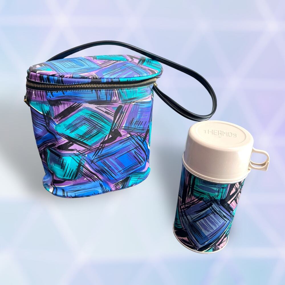 RARE '50s Vintage Vinyl Lunchbox Purple Blue Green Pink Plaid w/ Thermos MCM